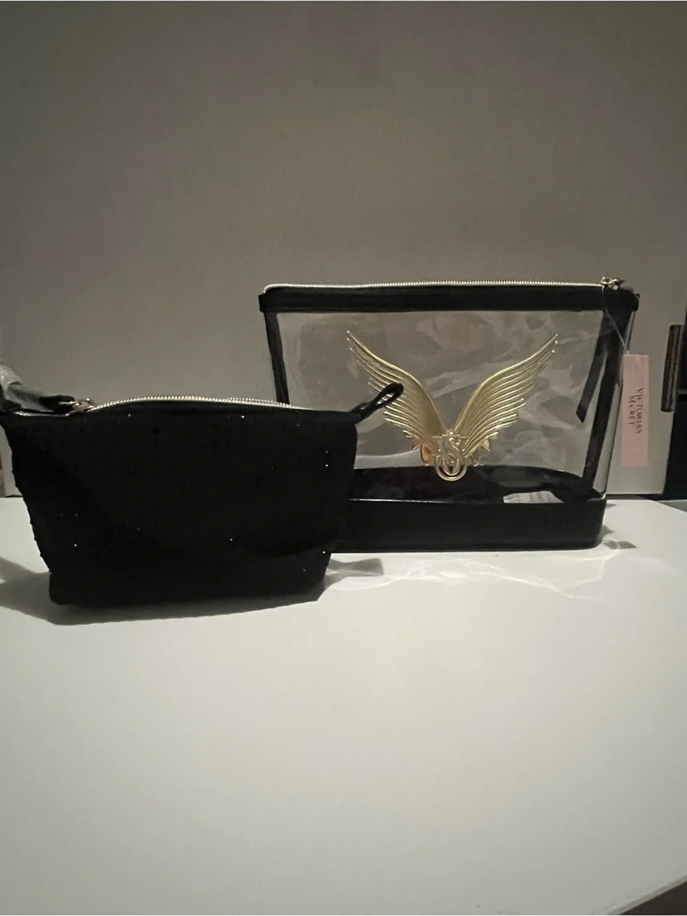 NWT Victoria's Secret Clear Black Cosmetic Bag Set with Gold Wing Accent